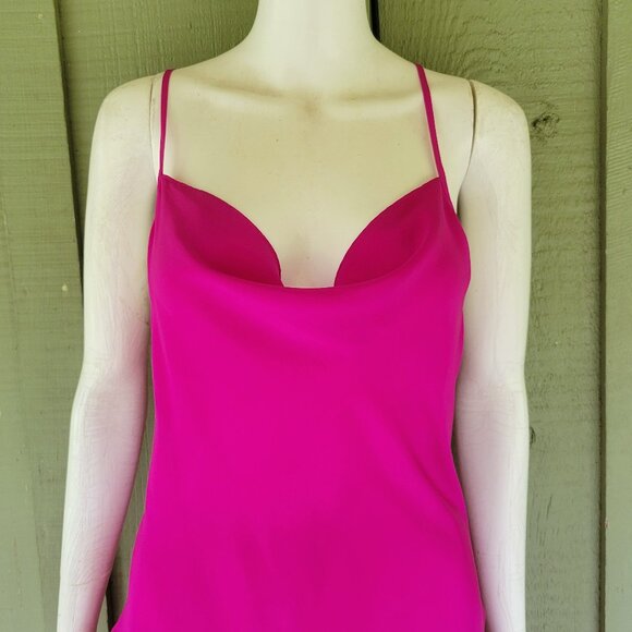NWT AMANDA UPRICHARD Magenta Silk Draped Neckline Asymmetrical Hem Dress M - Picture 2 of 4